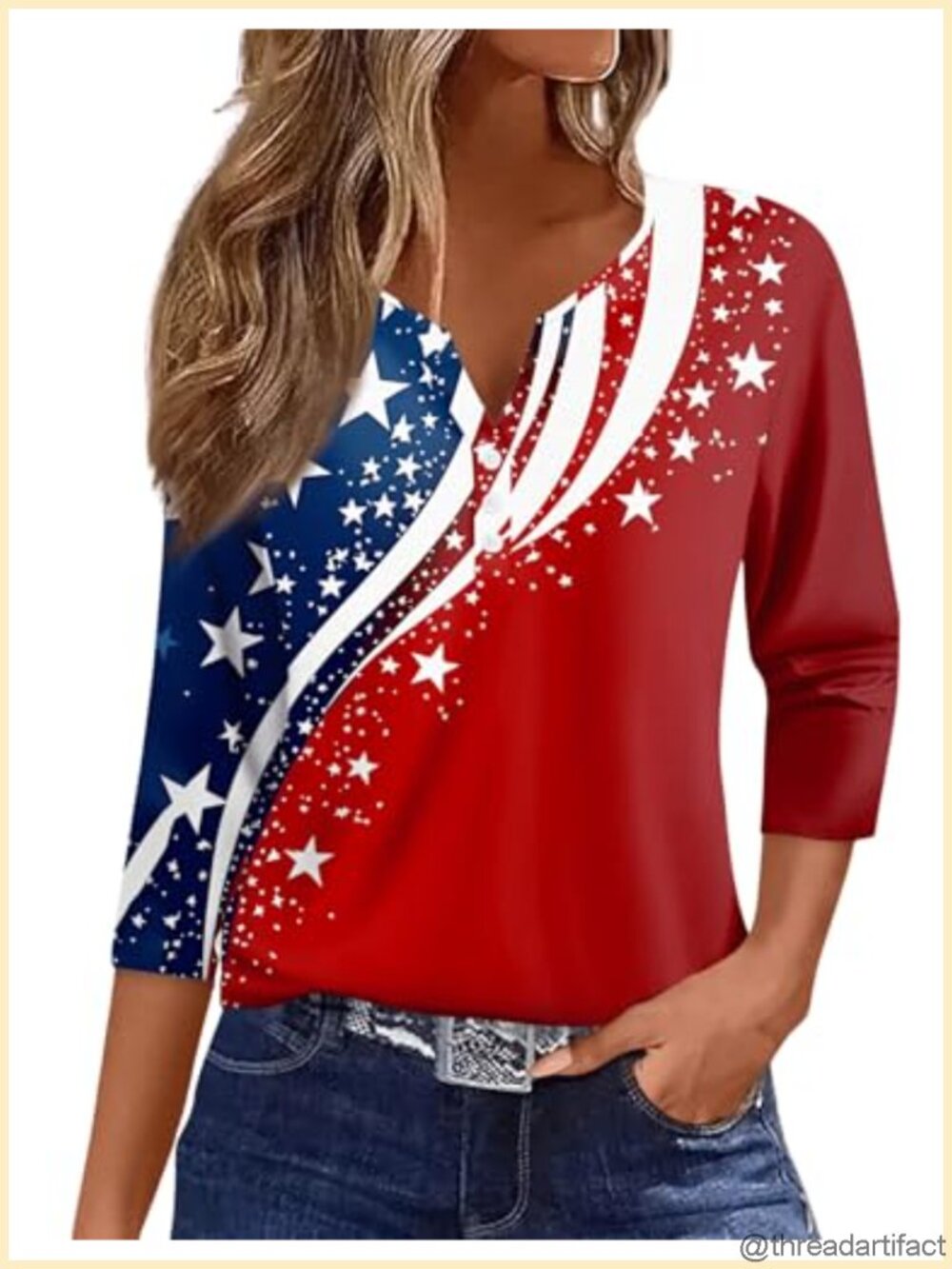 Womens 3/4 Sleeve Henley Neck Tops Three Quarter Sleeve Tshirts